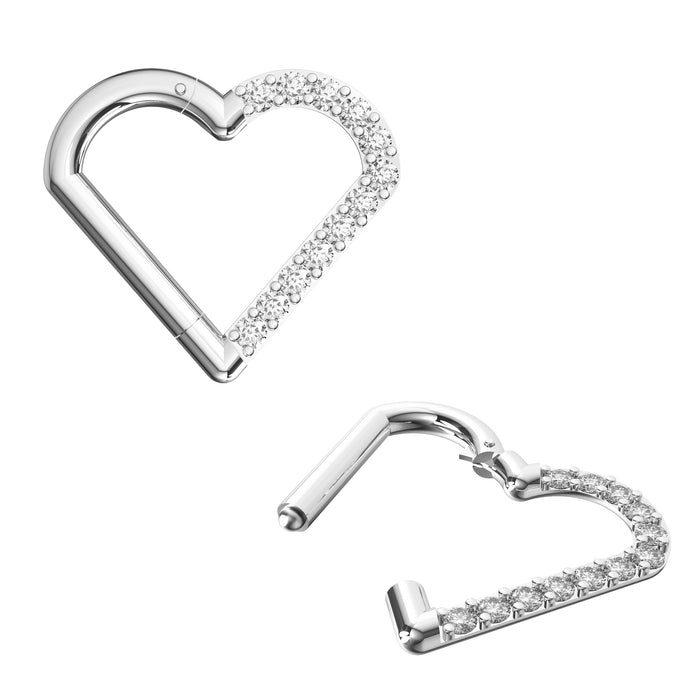 316L Surgical Steel CZ Jewelled Heart Hinged Segment Clicker Ring