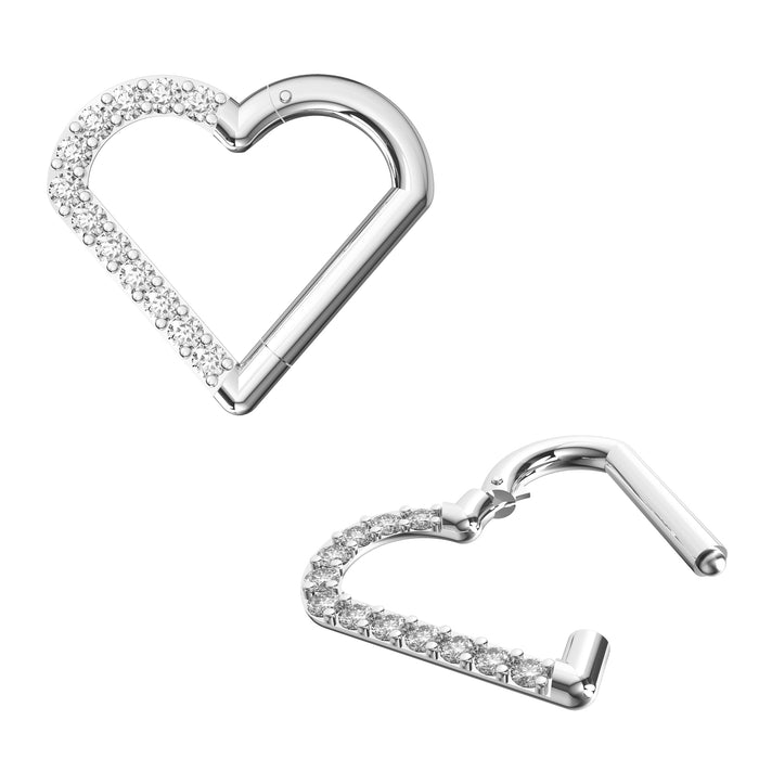 316L Surgical Steel CZ Jewelled Heart Hinged Segment Clicker Ring