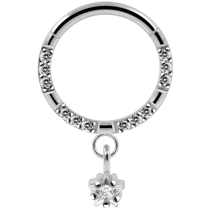 316L Surgical Steel CZ Jewelled Dangling Star Hinged Segment Clicker Hoop