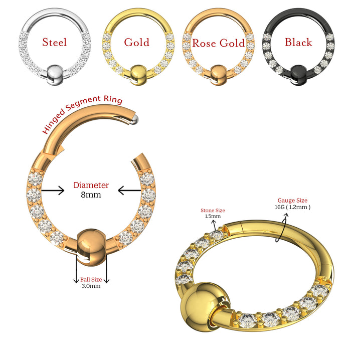 316L Surgical Steel Multi CZ Jewelled BCR Style Segment Clicker Ring