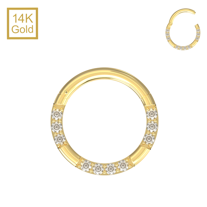 14K Solid Yellow Gold Hinged Elegant Multi CZ On Grooved Base Jewelled Segment Clicker Ring