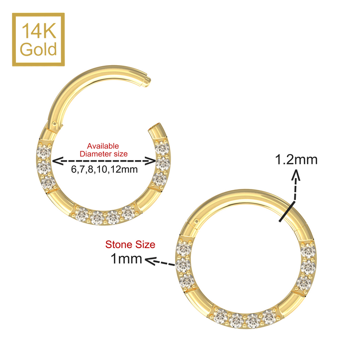 14K Solid Yellow Gold Hinged Elegant Multi CZ On Grooved Base Jewelled Segment Clicker Ring