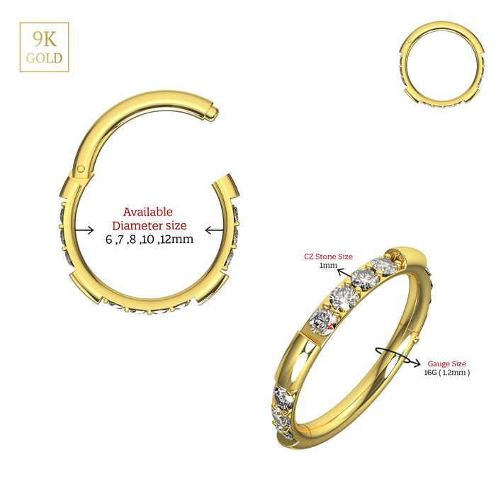 9K Solid Yellow Gold Hinged Multi CZ On Grooved Sides Segment Clicker Ring