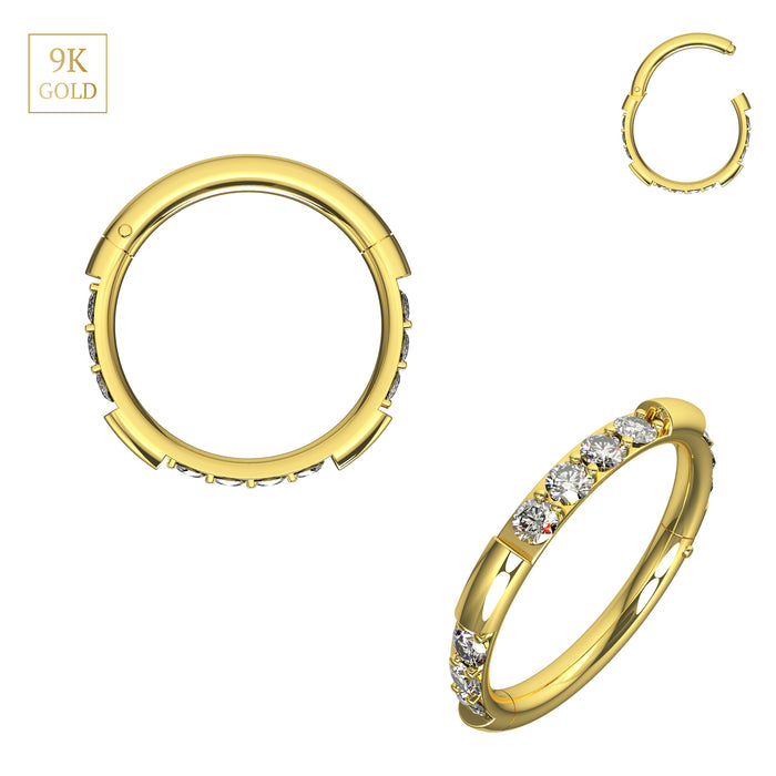 9K Solid Yellow Gold Hinged Multi CZ On Grooved Sides Segment Clicker Ring