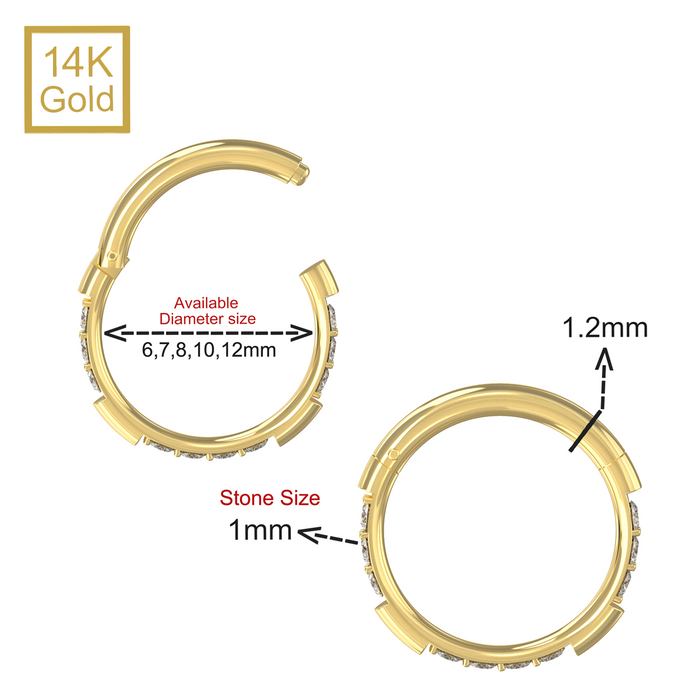 14K Solid Yellow Gold Hinged Multi CZ On Grooved Sides Segment Clicker Ring