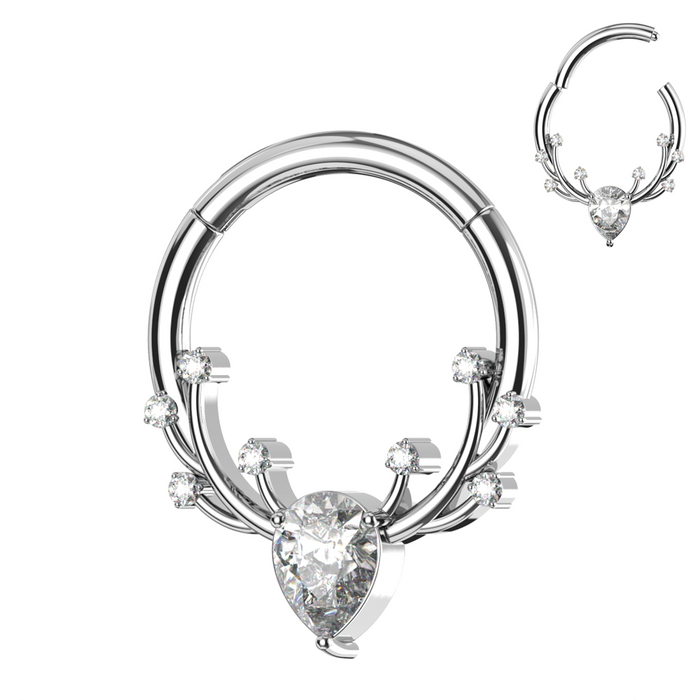 316L Surgical Steel CZ Jewelled Antler Hinged Segment Clicker Ring