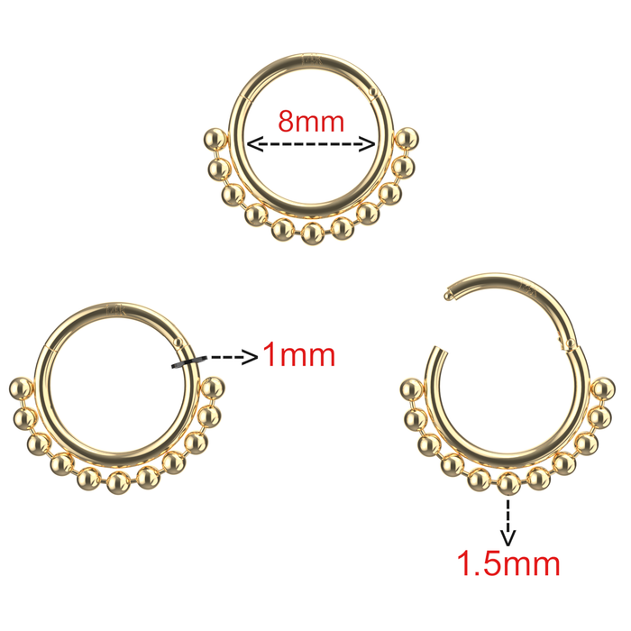 14K Solid Yellow Gold Tribal Paved Balls Hinged Segment Clicker Ring