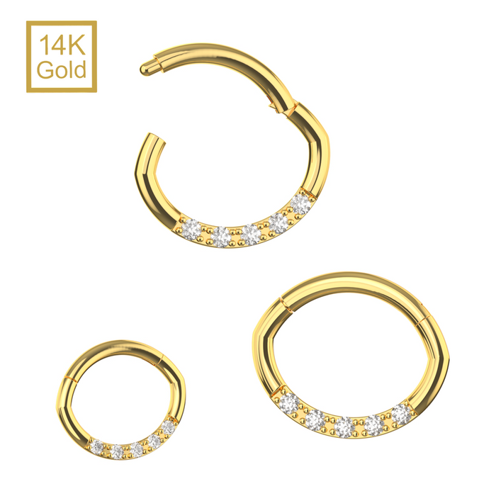 14K Solid Yellow Gold Round CZ Jewelled Oval Shape Segment Clicker Ring - Monster Piercing