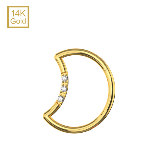 14K Solid Yellow Gold Round CZ Jewelled Crescent Segment Clicker Ring - Monster Piercing