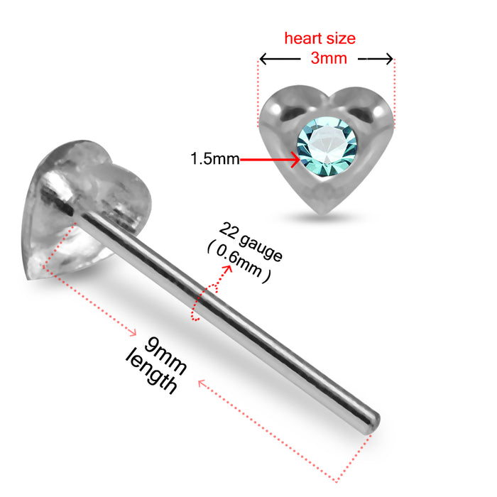 Set of 5pcs 925 Sterling Silver Jewelled Heart Straight End Nose Stud Box