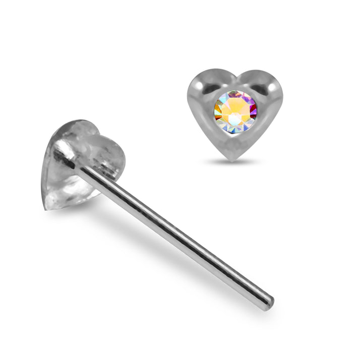 925 Sterling Silver 10pcs Jewelled Heart Straight End Nose Stud Box