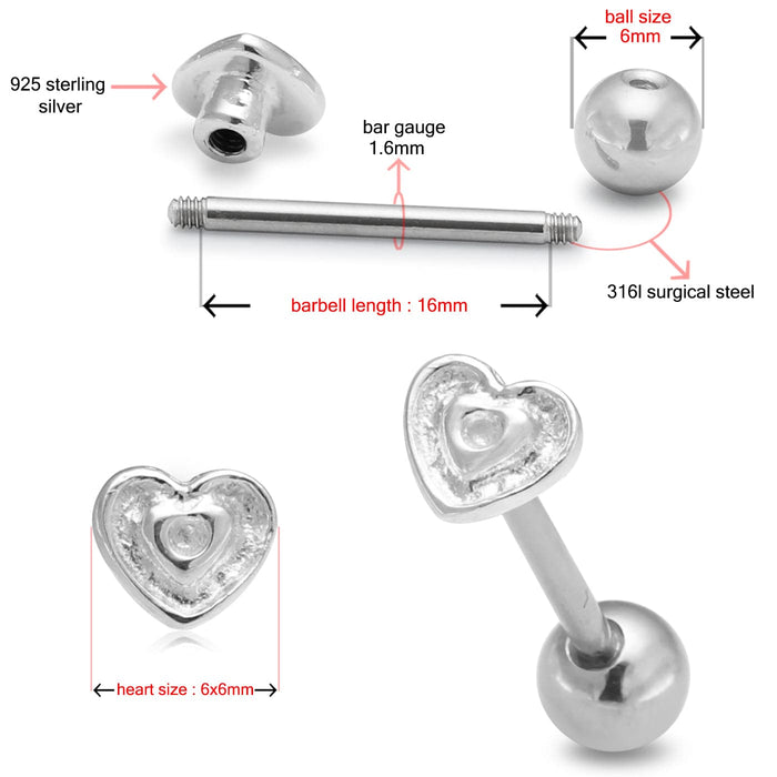 Sterling Silver Heart Tongue Ring - Monster Piercing