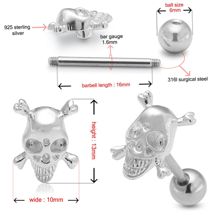 Sterling Silver Crossbone Tongue Ring - Monster Piercing