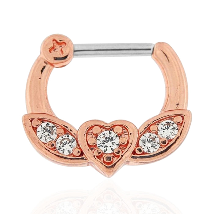 Rose Gold PVD Micro Paved CZ Flying Heart Septum Clicker Ring