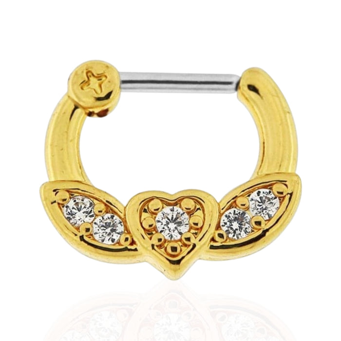 Gold PVD Micro Paved CZ Flying Heart Septum Clicker Ring