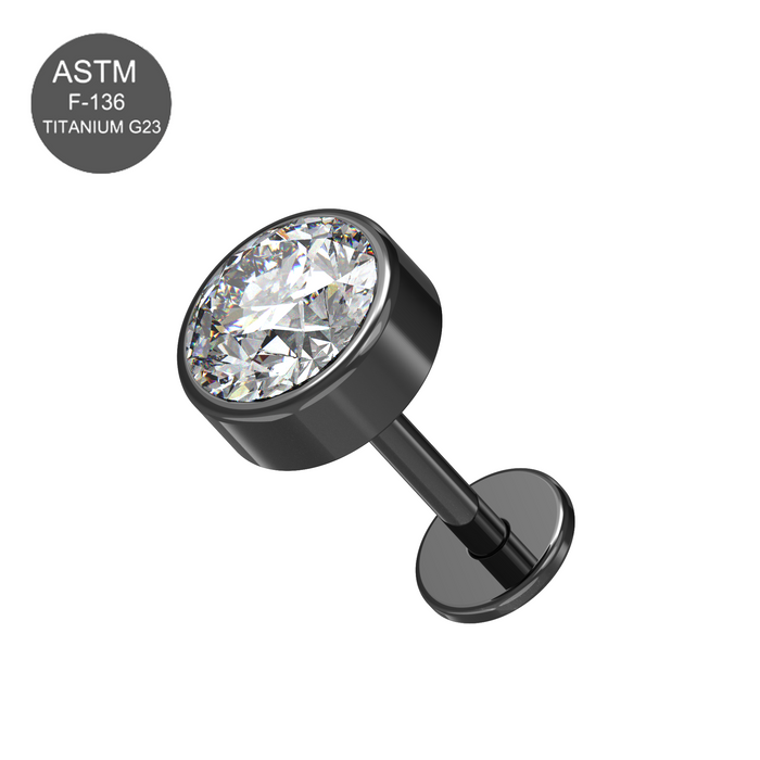 G23 Grade Titanium Black PVD Thread-less Push-Fit Labret With Round CZ Top