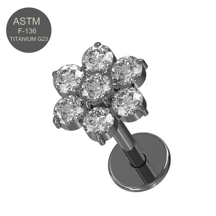 G23 Grade Titanium CZ Jewelled Flower Push-Fit Flat Back