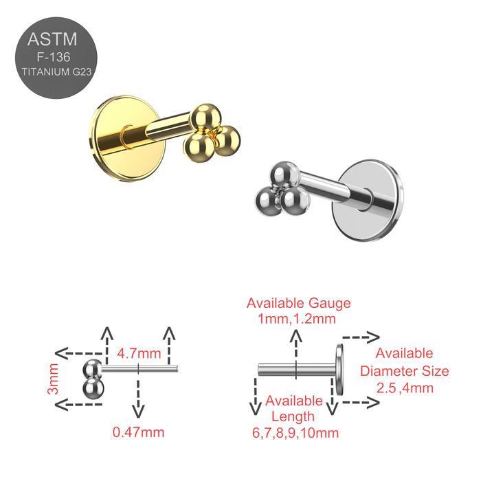 G23 Grade Titanium Tri Ball Design Thread-less Push-Fit with Flat-back