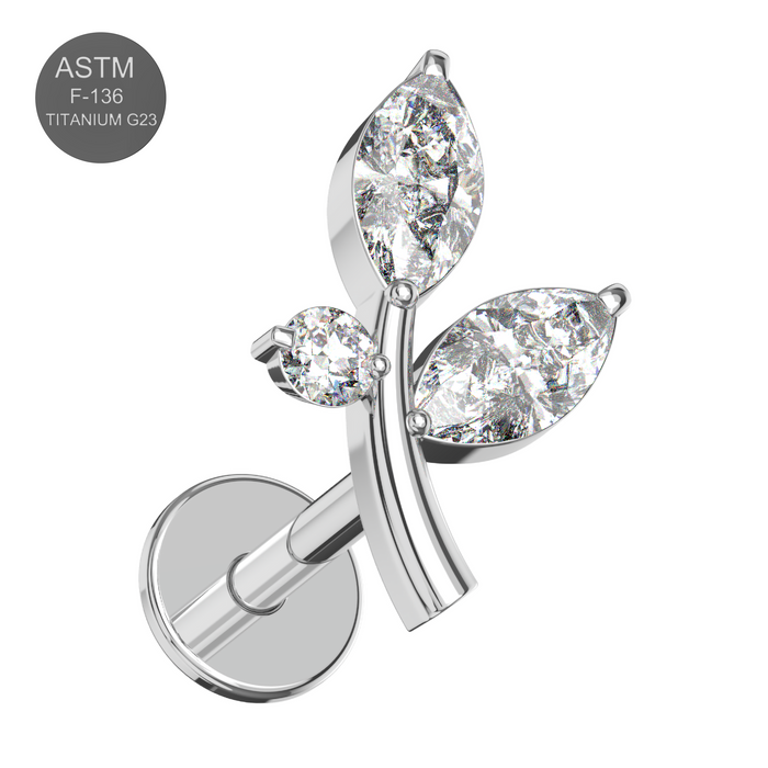 G23 Grade Titanium CZ Jewelled Stem And Leaf Design Thread-less Push-Fit With Flat-Back