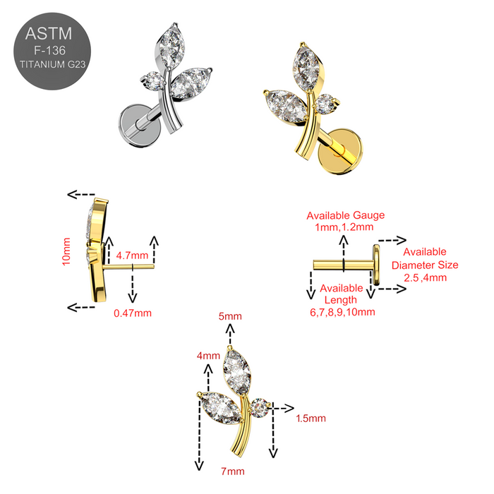 G23 Grade Titanium CZ Jewelled Stem And Leaf Design Thread-less Push-Fit Top