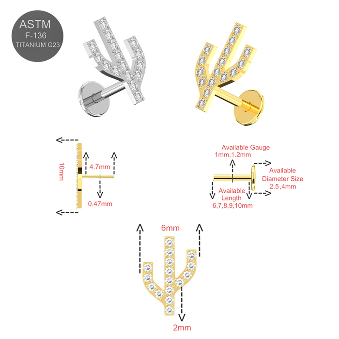 G23 Grade Titanium CZ Jewelled Cactus Design Thread-less Push-Fit With Flat-Back