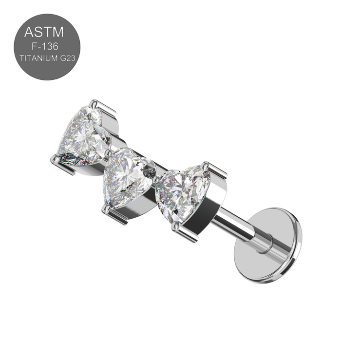 G23 Grade Titanium CZ Jewelled Tri Heart Design Thread-less Push-Fit With Flat-Back