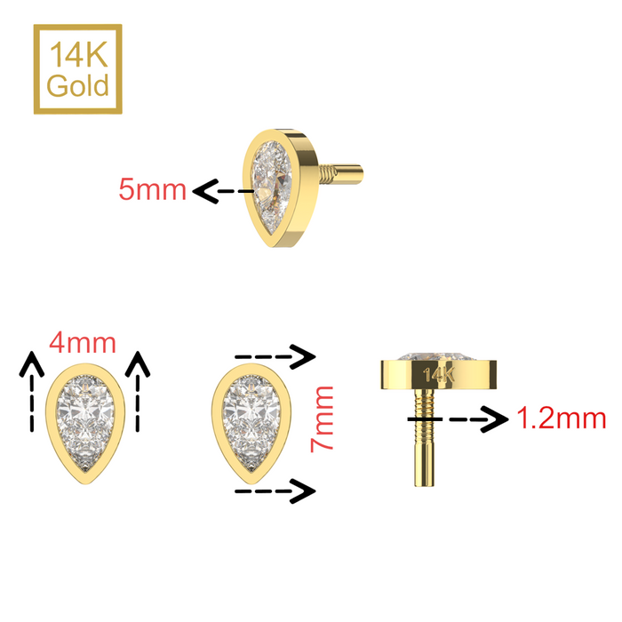 14K Gold Internal Thread Bezel Set Teardrop CZ Top