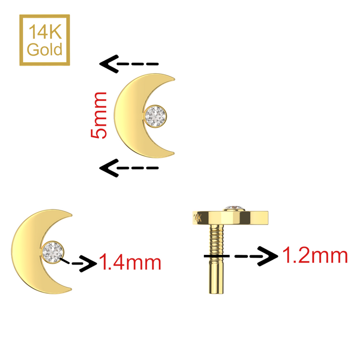 14K Gold Internal Thread CZ Jeweled Crescent Top