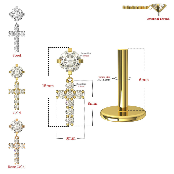 Jewelled Cross Internally Threaded Screw Fit Dangling Stud - Monster Piercing