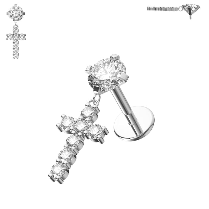 Jewelled Cross Internally Threaded Screw Fit Dangling Stud - Monster Piercing