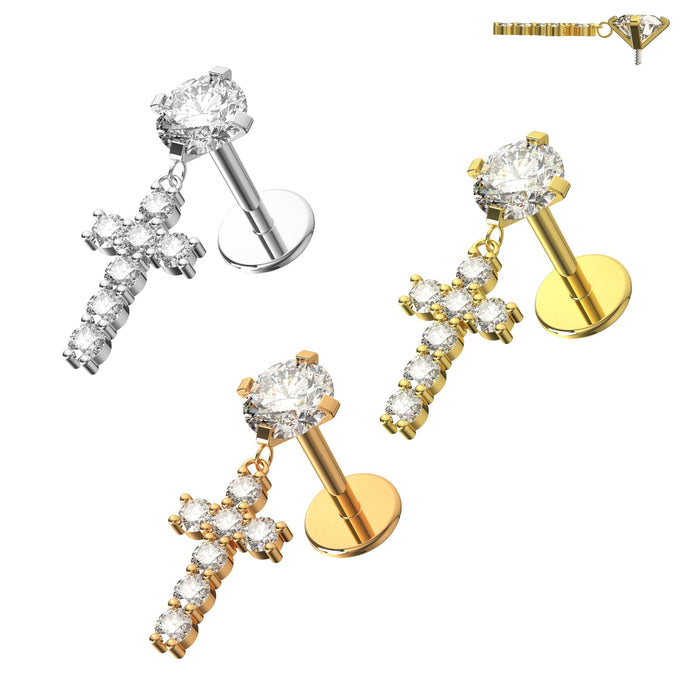 Jewelled Cross Internally Threaded Screw Fit Dangling Stud - Monster Piercing