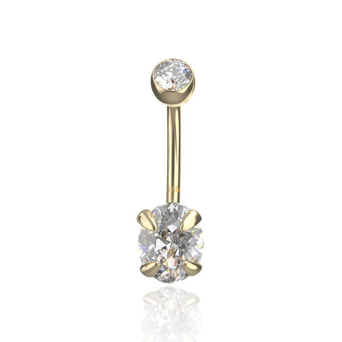 14K Solid Yellow Gold Oval Cut CZ Jewelled Internally Threaded Top ball With CZ stone Belly Ring - Monster Piercing