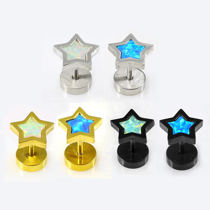 316L Surgical Steel Star Pattern Opal Stone Fake Ear Plug