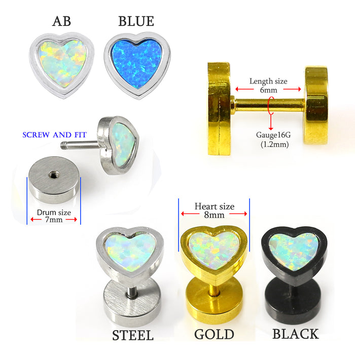 316L Surgical Steel Heart Pattern Opal Stone Fake Ear Plug