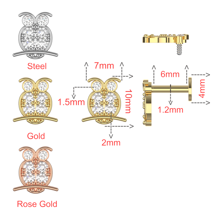 316L Surgical Steel CZ Jewelled Owl Internally Threaded Cartilage Stud