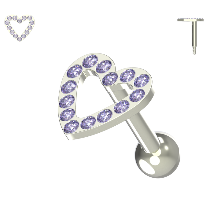 925 Sterling Silver Jewelled Heart Cartilage Ear Stud