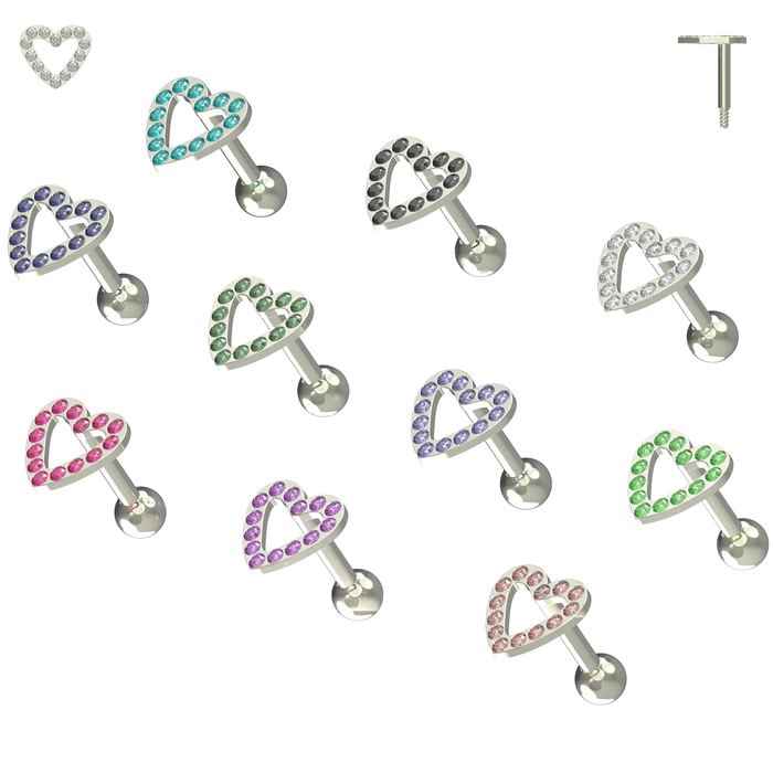 925 Sterling Silver Jewelled Heart Cartilage Ear Stud