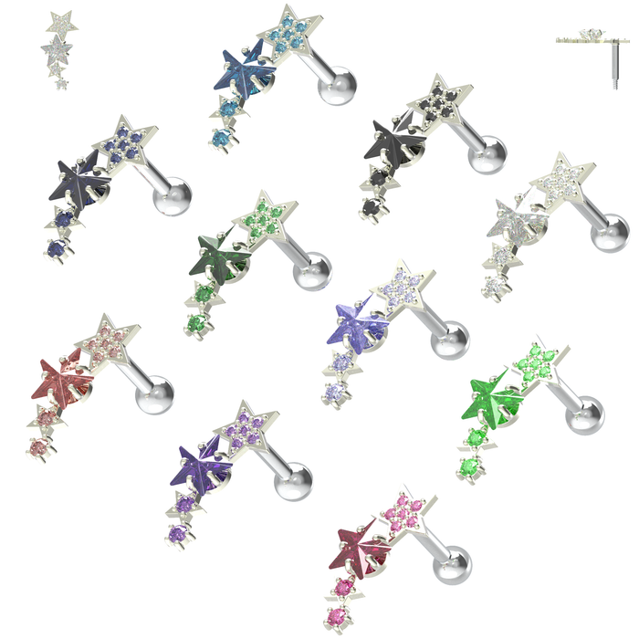 925 Sterling Silver Sparkling Stars Cartilage Stud