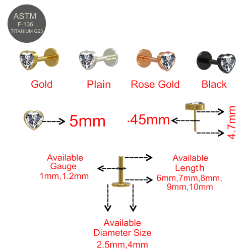 G23 Grade Titanium Heart CZ Jewelled  Threadless Push-Fit Flat Back - Monster Piercing