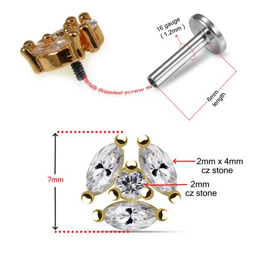 316L Surgical Steel Tri Marquise CZ Jewelled Internally Threaded Top with Flat Back - Monster Piercing