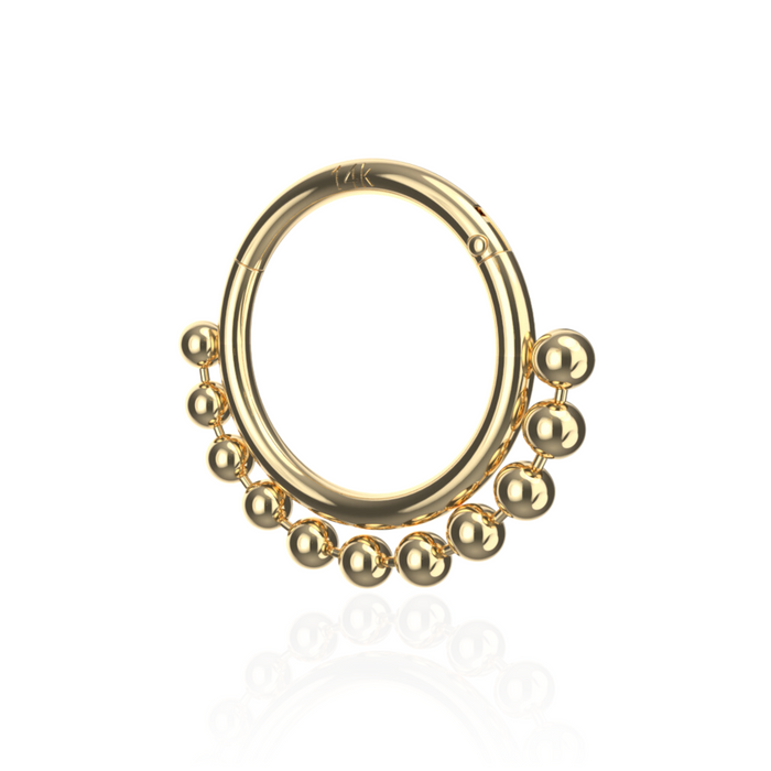 14K Solid Yellow Gold Tribal Paved Balls Hinged Segment Clicker Ring