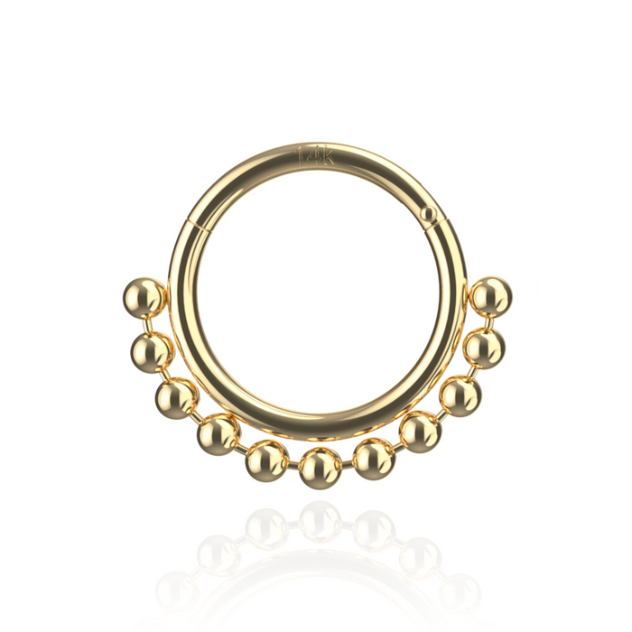 14K Solid Yellow Gold Tribal Paved Balls Hinged Segment Clicker Ring