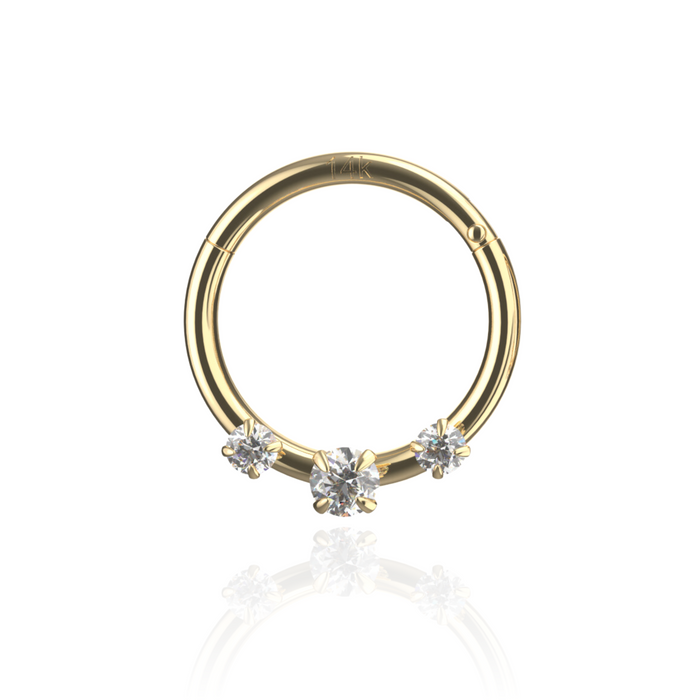 14K Solid Yellow Gold Triple CZ Hinged Segment Clicker Ring