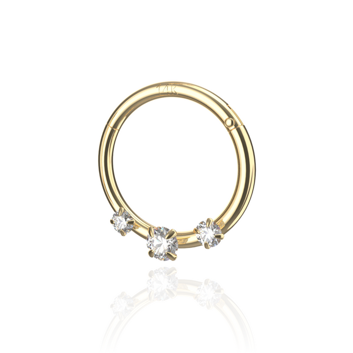 14K Solid Yellow Gold Triple CZ Hinged Segment Clicker Ring