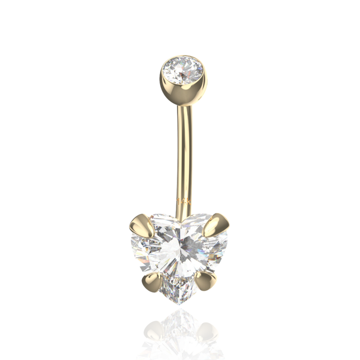 9K Solid Gold Heart Shaped CZ Jewelled Internally Threaded Top Ball With CZ Belly Ring - Monster Piercing