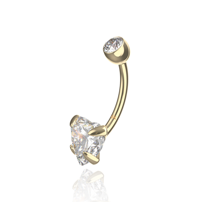 9K Solid Gold Heart Shaped CZ Jewelled Internally Threaded Top Ball With CZ Belly Ring - Monster Piercing