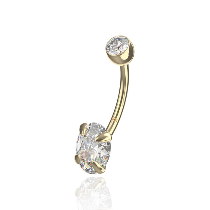 14K Solid Yellow Gold Oval Cut CZ Jewelled Internally Threaded Top ball With CZ stone Belly Ring - Monster Piercing