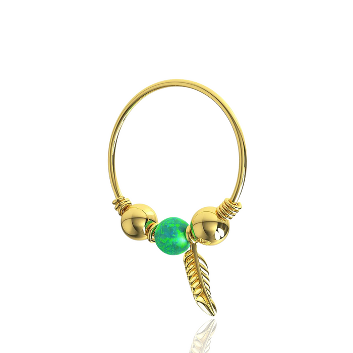 14K Yellow Gold Opal Bead with Leaf Charm Nose Hoop Ring