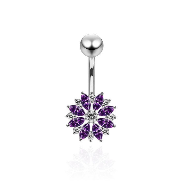 925 Sterling Silver Multi CZ Jewelled Lesser Calendine Flower Design Belly Ring