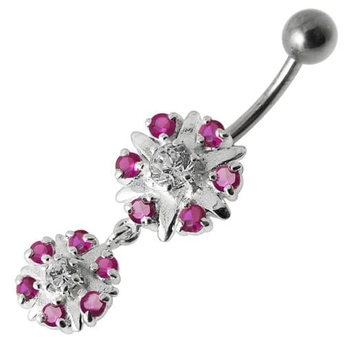 Two Round Jeweled Dangling Navel Belly Ring - Monster Piercing